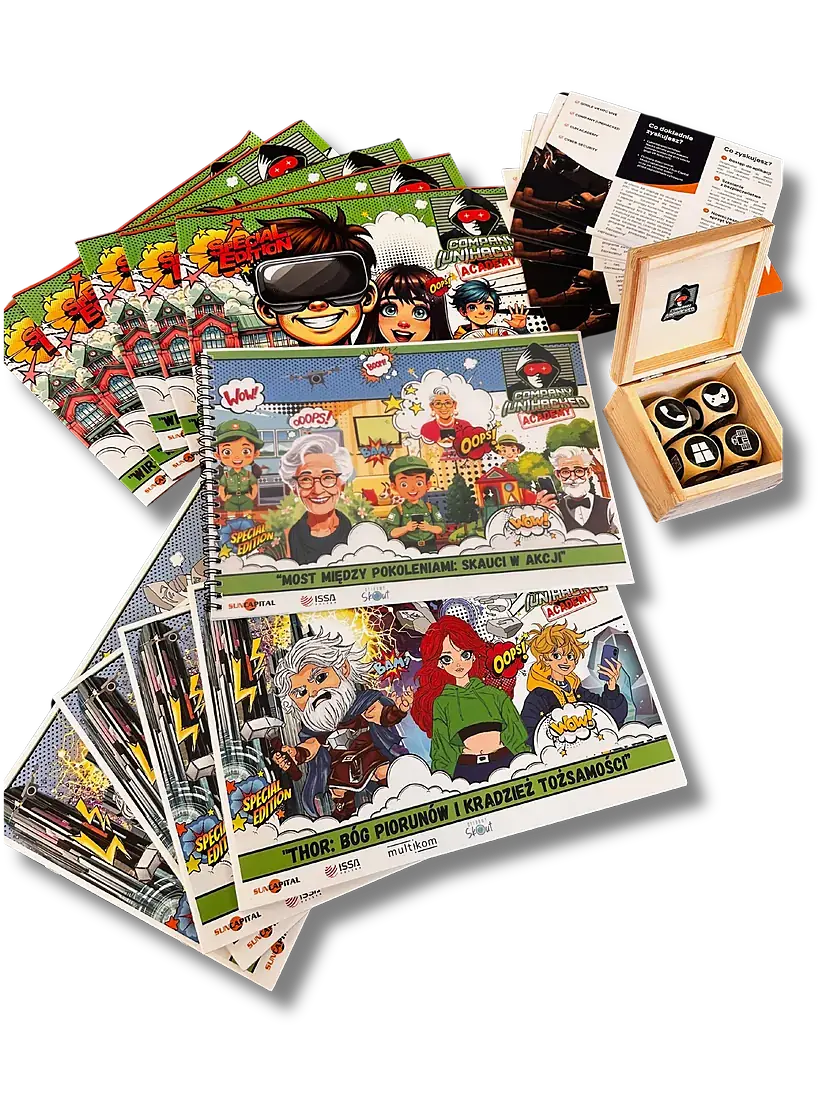 Stos kolorowych komiksów edukacyjnych fundacji CyfrowyTrener.org